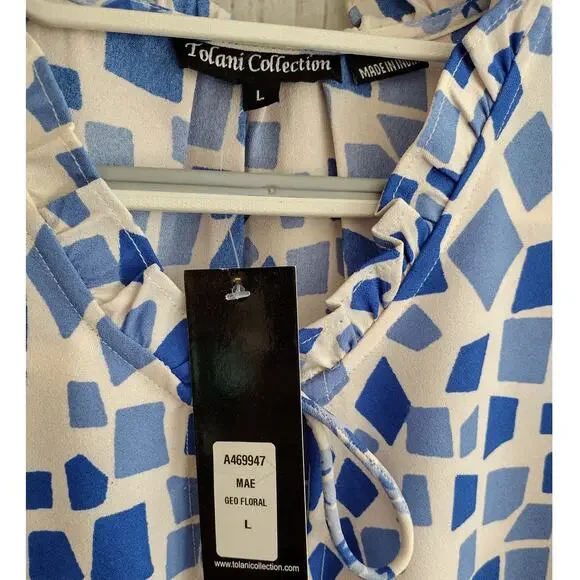 Tolani Collection Blue & White Geometric-Print Ruffle Trim Flowy Babydoll Dress - Picture 9 of 13